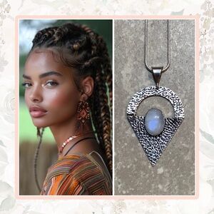 🌸 MOONSTONE NECKLACE PENDANT BOHO CHIC NATURAL GEM BOHEMIAN SILVER GYPSY TRIBAL